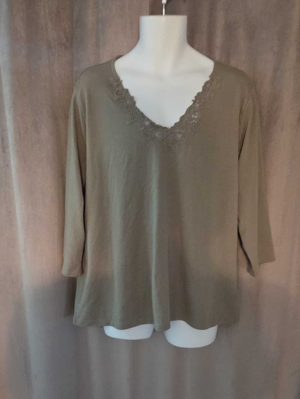 NWT 3X Ralph Lauren Olive V-Neck Long Sleeve Top with Floral Trim